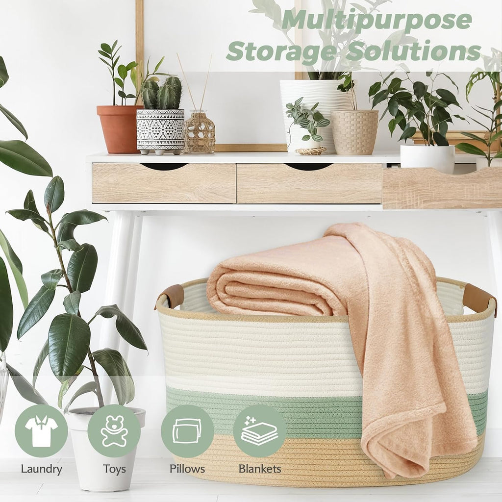 Large Woven Basket, 108L Rectangular Woven Storage Basket with Leather Handles, Stylish Organizer Bin for Home, Office, Laundry, Toys, or Blankets, 25’’*16’’*16’’ White & Green & Jute