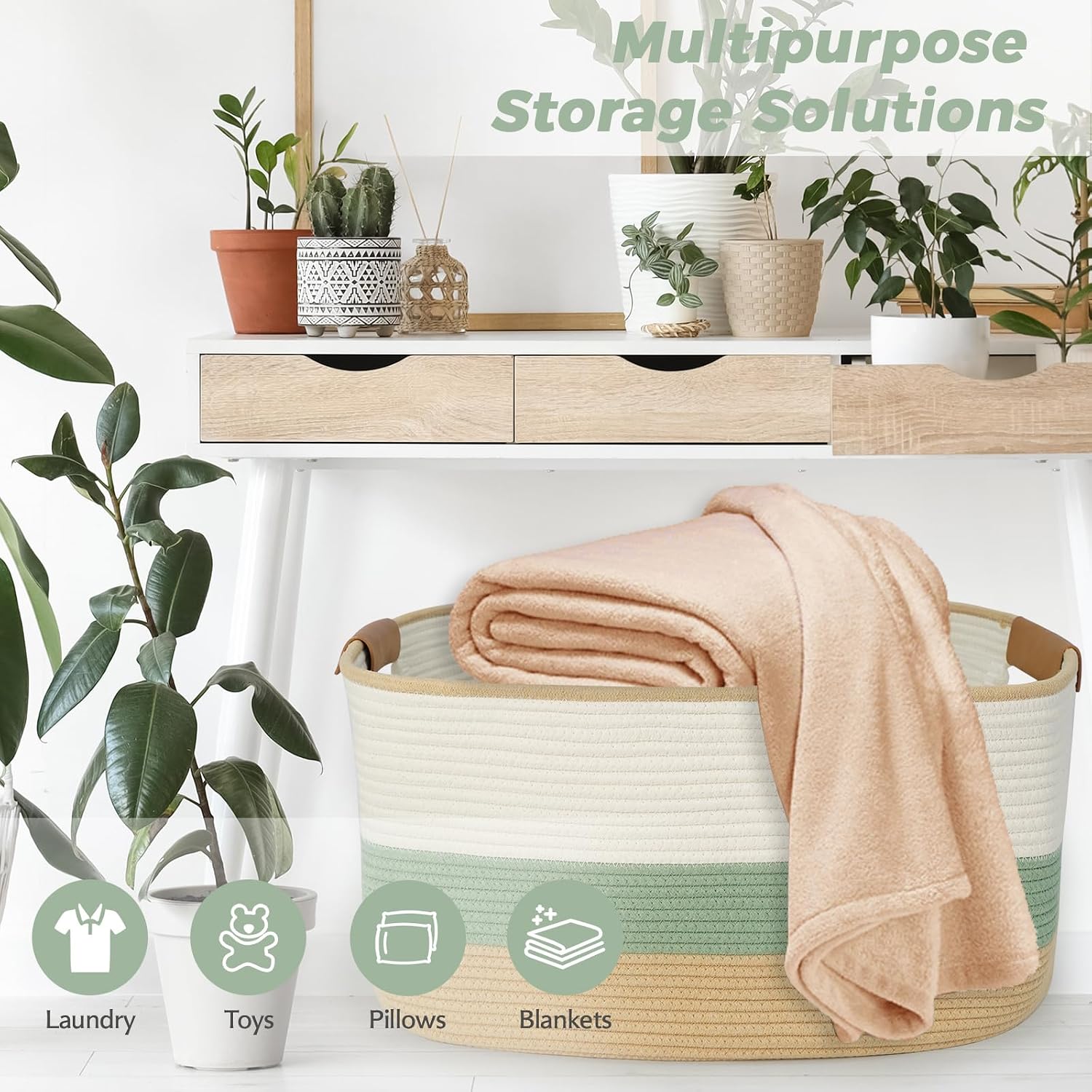 Large Woven Basket, 108L Rectangular Woven Storage Basket with Leather Handles, Stylish Organizer Bin for Home, Office, Laundry, Toys, or Blankets, 25’’*16’’*16’’ White & Green & Jute