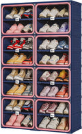 No-Assembly Shoe Organizer, Foldable Shoe Storage Cabinet with Reinforced Framed Doors, 8-Tier Integrated Shoe Box, Modern Blue & Pink Space-Saving Shoe Rack for Closet & Entryway, Size 12