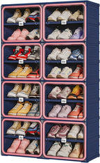 No-Assembly Shoe Organizer, Foldable Shoe Storage Cabinet with Reinforced Framed Doors, 8-Tier Integrated Shoe Box, Modern Blue & Pink Space-Saving Shoe Rack for Closet & Entryway, Size 12