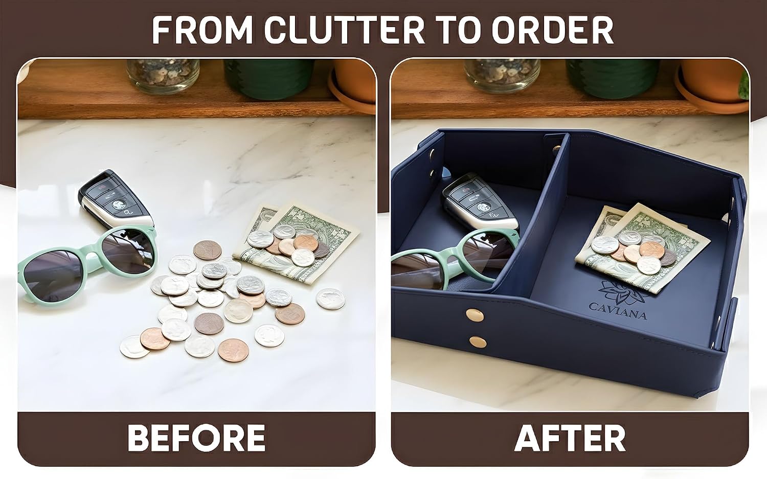 Valet Tray Organizer for Men & Women - PU Leather Catch All Tray with Removable Divider - EDC Storage for Keys, Watch, Phone - Nightstand, Dresser & Desk Organizer - Pacific Navy