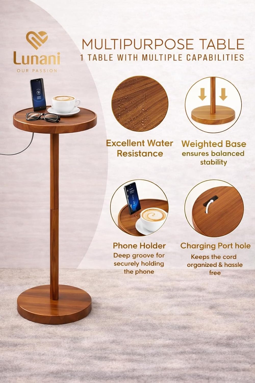 Drink Table for Small Spaces, 24” Tall Pedestal Side Table with Stable Base, ...
