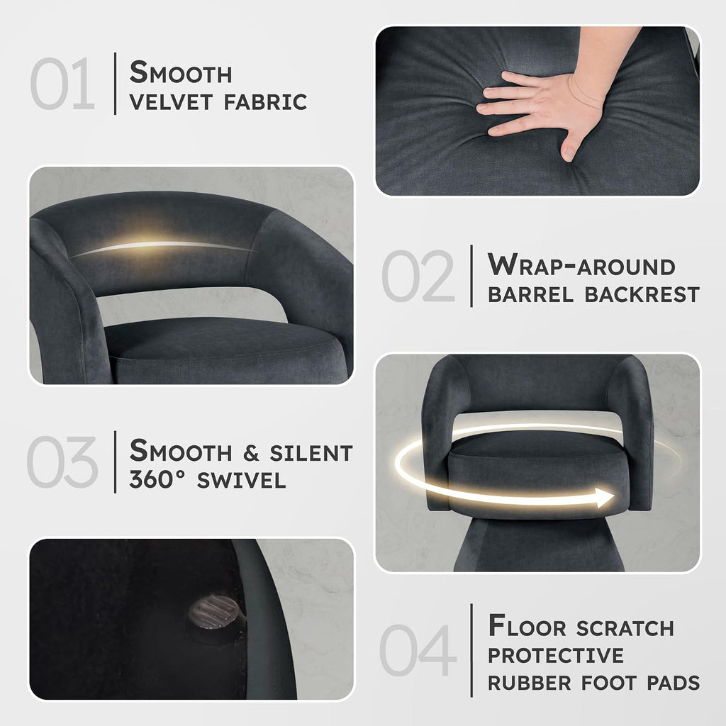 Lexicon Swivel Accent Chair, Modern Velvet Round Barrel Chair, Dark Gray | Swivel Chair with Open Back, Plush Foam Cushions, Metal Swivel Base for Living Room/Bedroom/Office/Small Spaces