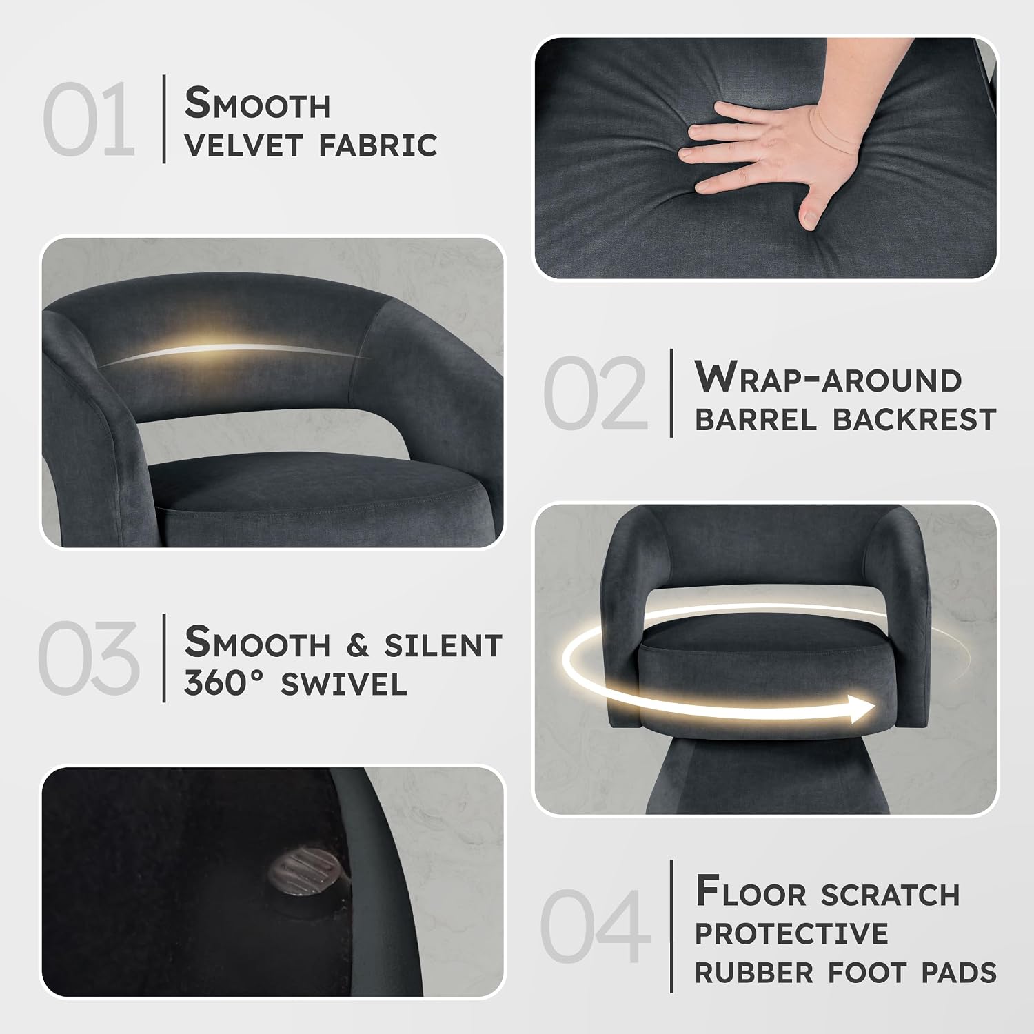 Lexicon Swivel Accent Chair, Modern Velvet Round Barrel Chair, Dark Gray | Swivel Chair with Open Back, Plush Foam Cushions, Metal Swivel Base for Living Room/Bedroom/Office/Small Spaces