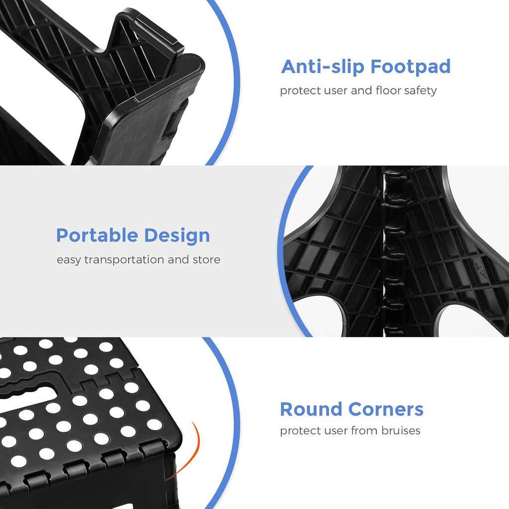 ACKO 13 Inch Folding Step Stool 3-Piece Set, 300 LB Capacity Plastic Foldable Stools with Handle, Non-Slip Bundle (Black & Black & Black)