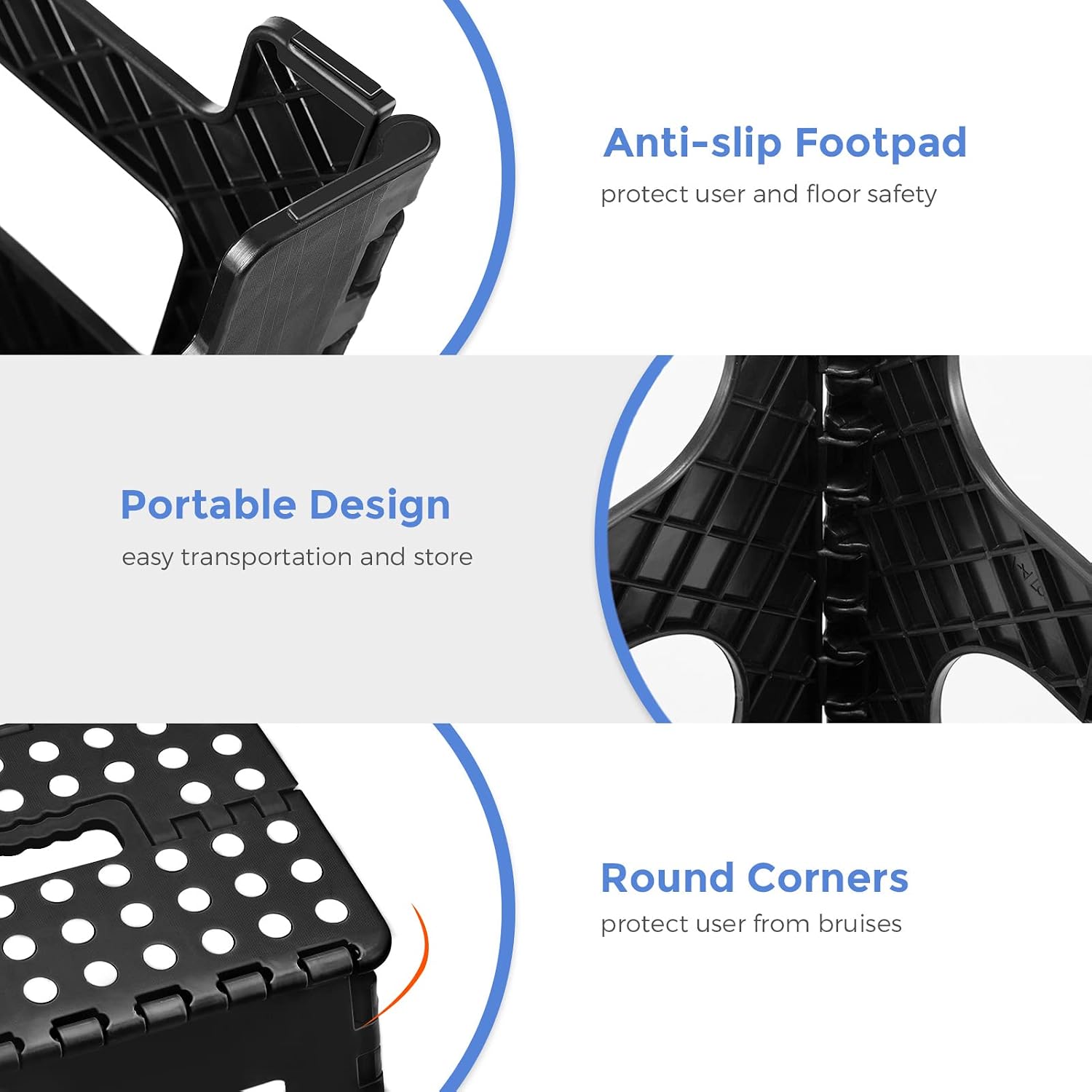 ACKO 13 Inch Folding Step Stool 3-Piece Set, 300 LB Capacity Plastic Foldable Stools with Handle, Non-Slip Bundle (Black & Black & Black)