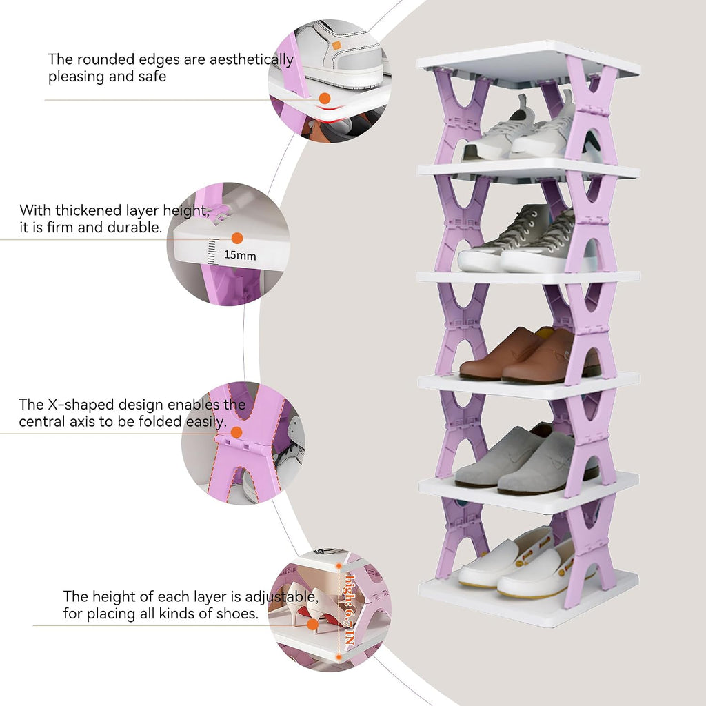 Shoe Rack, Collapsible Kids Shoe Rack, 6-Tier Small Foldable Shoe Organizer for Entryway, Dorm, Bedroom (Pink-x)