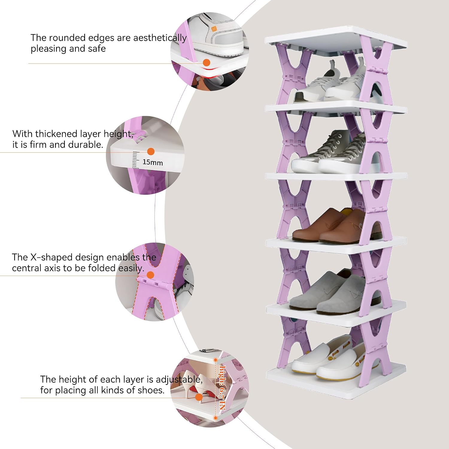 Shoe Rack, Collapsible Kids Shoe Rack, 6-Tier Small Foldable Shoe Organizer for Entryway, Dorm, Bedroom (Pink-x)