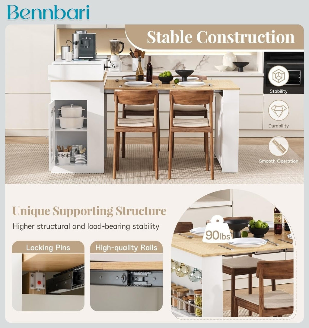 Kitchen Island with Extendable Dining Table, Bar Table with Folding Tabletop and Power Outlet, Storage Island with Drawers, Wheels and Hooks, Ships in 2 Boxes (Creamy White & Natural)