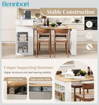 Kitchen Island with Extendable Dining Table, Bar Table with Folding Tabletop and Power Outlet, Storage Island with Drawers, Wheels and Hooks, Ships in 2 Boxes (Creamy White & Natural)