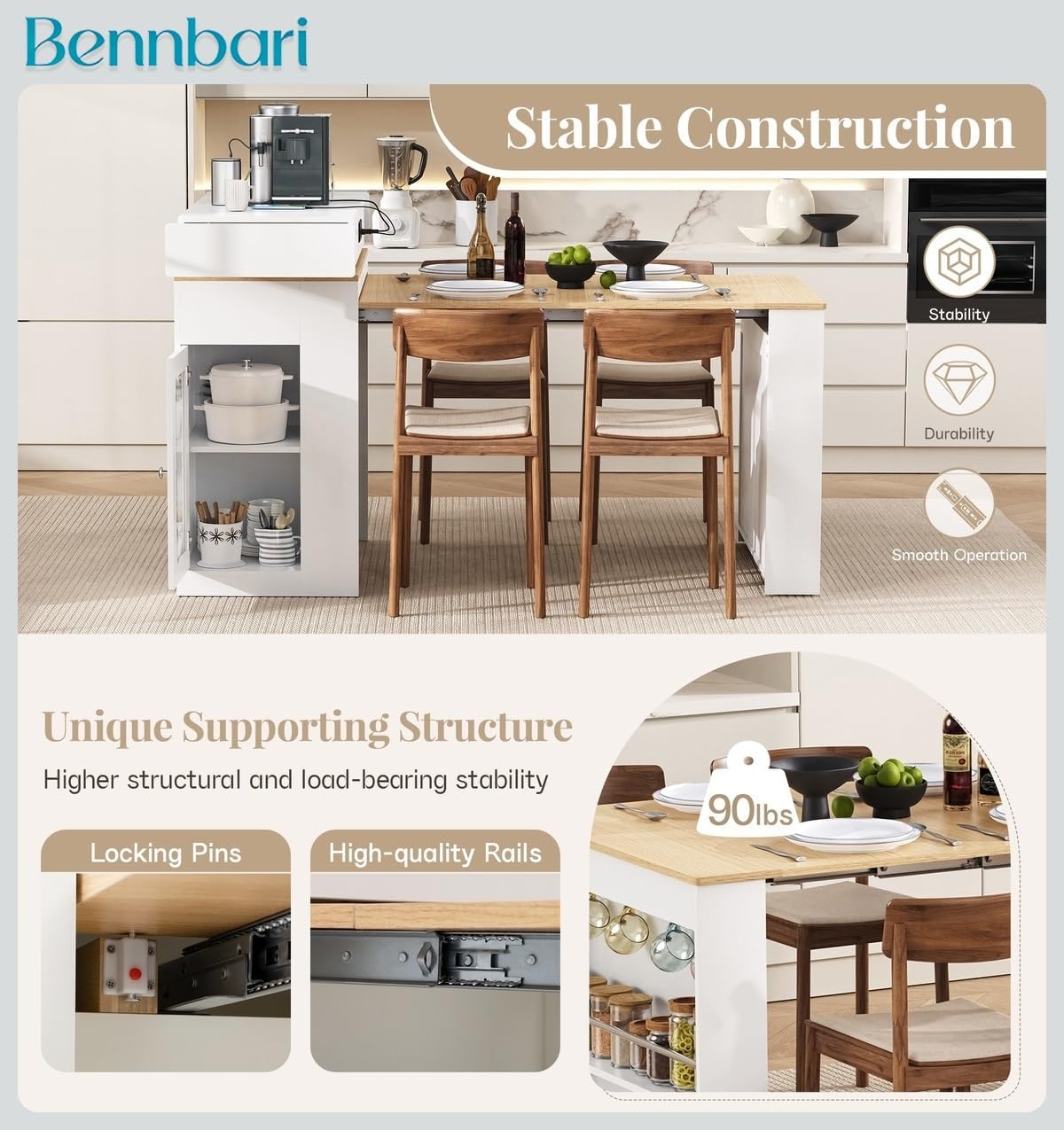 Kitchen Island with Extendable Dining Table, Bar Table with Folding Tabletop and Power Outlet, Storage Island with Drawers, Wheels and Hooks, Ships in 2 Boxes (Creamy White & Natural)
