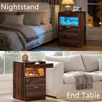 REAHOME Fluted Nightstand with Charging Station, Modern LED Night Stand with 2 Drawers and Pull Out Tray, Wood Bedside Table, End Side Table with Open Shelf for Bedroom,Walnut