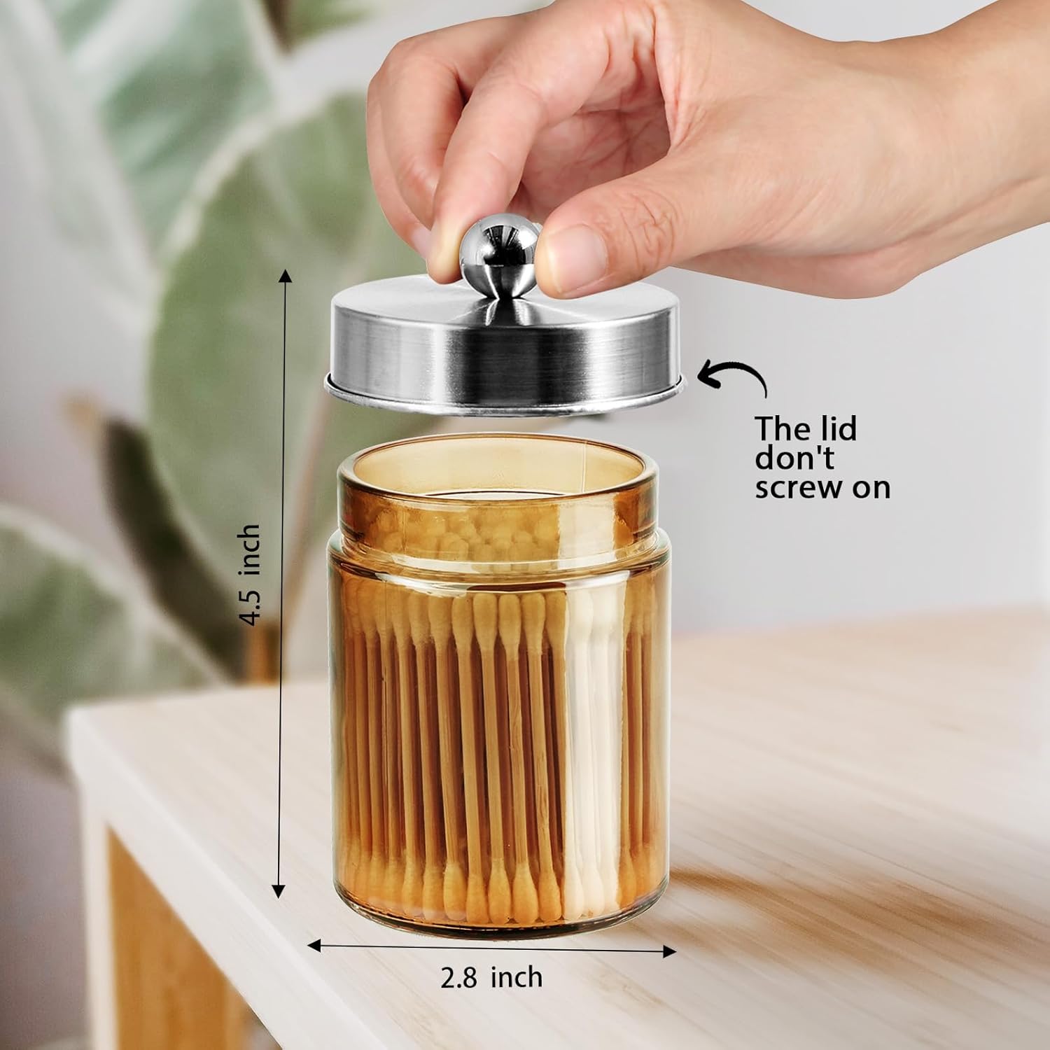 Amolliar Amber Yellow Glass Apothecary Jar with Metal Lid & Cute Labels, Qtip Holder Dispenser Canister for Cotton Balls, Cotton Swabs, Makeup Pads, Countertop Bathroom Storage,1 Pack(Brushed Nickel)