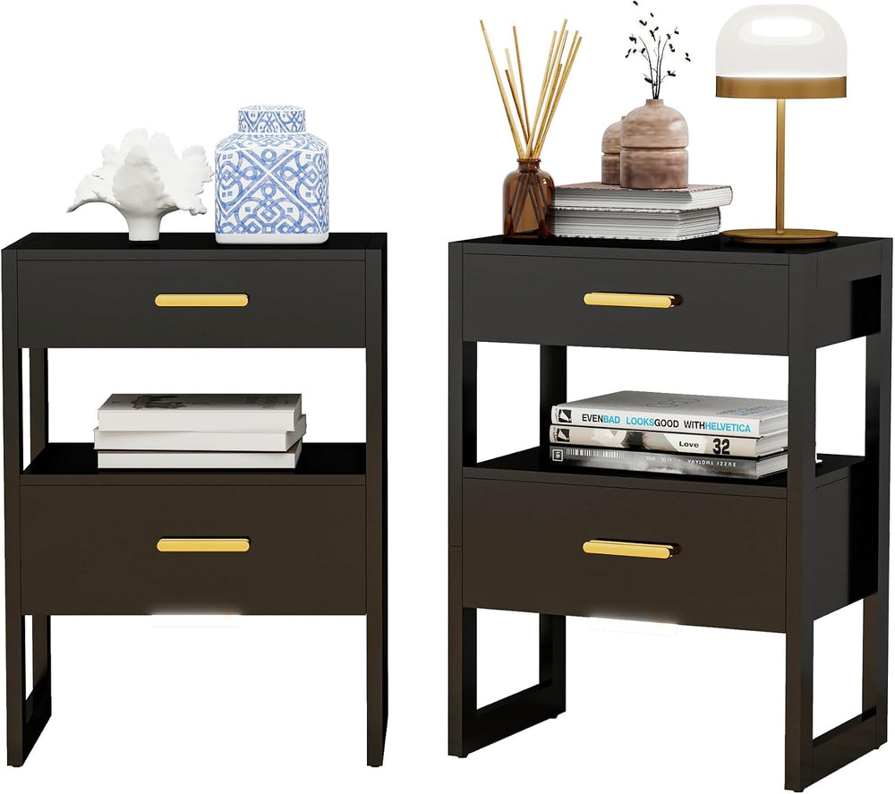 Wooden Nightstands Set of 2 with Motion Sensor Light & Storage Drawer, Mo...