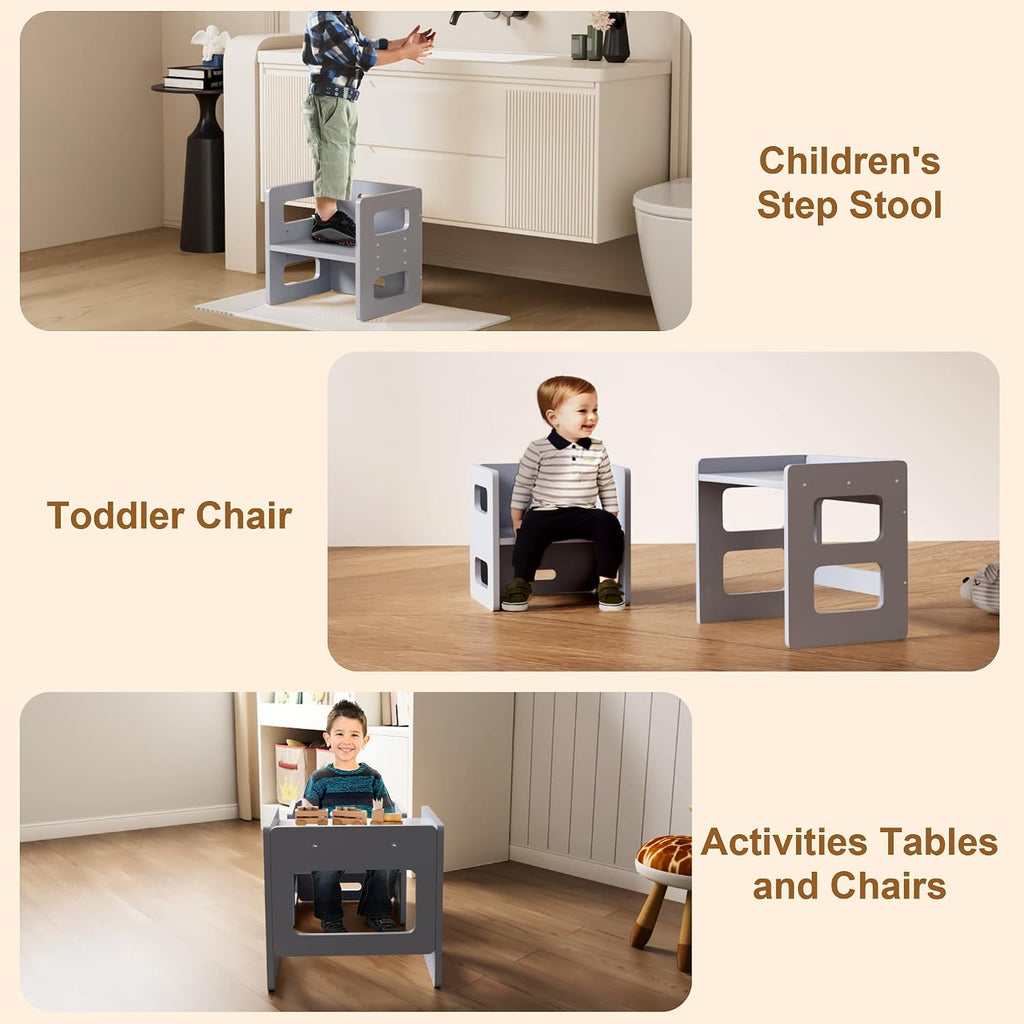 Fun Memories Montessori Weaning Table and Chair Set for Toddler and Baby, Kids Table and Chair Set- Solid Wood Toddler Furniture with Adjustable Height, Step Stool, for 1-3 Year Old Kids - Grey