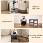 Fun Memories Montessori Weaning Table and Chair Set for Toddler and Baby, Kids Table and Chair Set- Solid Wood Toddler Furniture with Adjustable Height, Step Stool, for 1-3 Year Old Kids - Grey