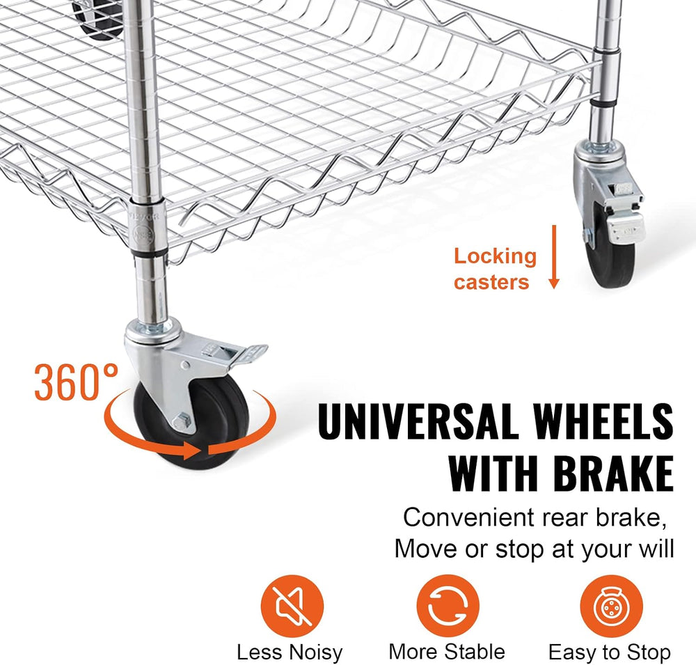 VEVOR Kitchen Utility Cart, 3 Tiers, Wire Rolling Table with 661 LBS Capacity...