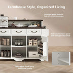 53.2" Two-Tier Kitchen Island with Power Outlet, Rustic White | Rolling Bar Cabinet with Storage, 4 Door Shelves, Adjustable Shelves, 3 Drawers for Kitchen