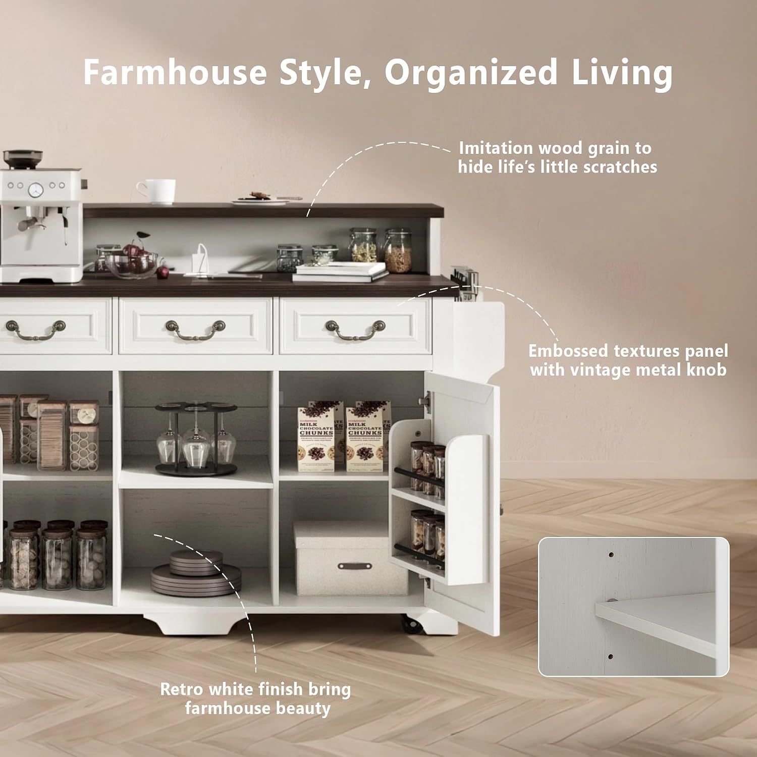 53.2" Two-Tier Kitchen Island with Power Outlet, Rustic White | Rolling Bar Cabinet with Storage, 4 Door Shelves, Adjustable Shelves, 3 Drawers for Kitchen