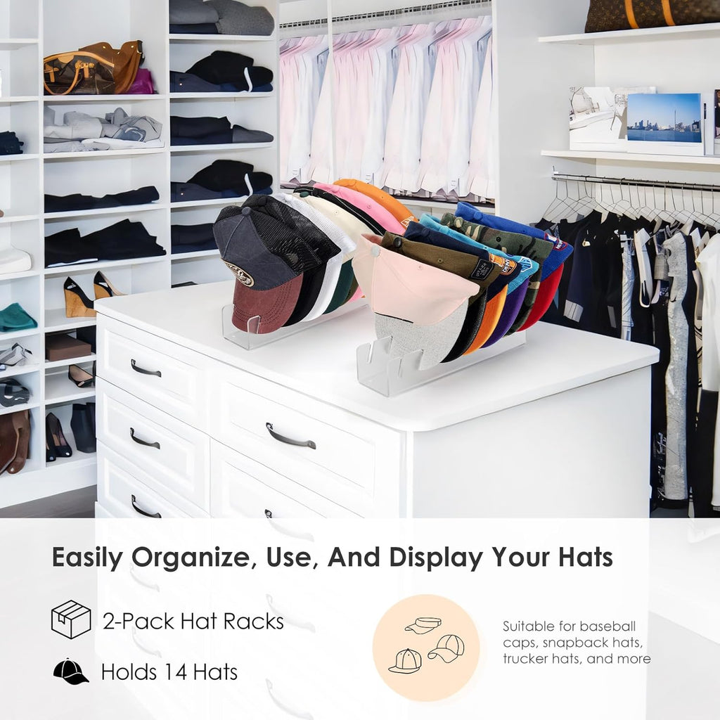 HAYVAN Hat Stand for Baseball Caps Display and Organizer - No Install Hat Organizer 2 Pack Holds 14 Baseball Caps for Closet, Bedroom, Dresser(Frosted clear acrylic)