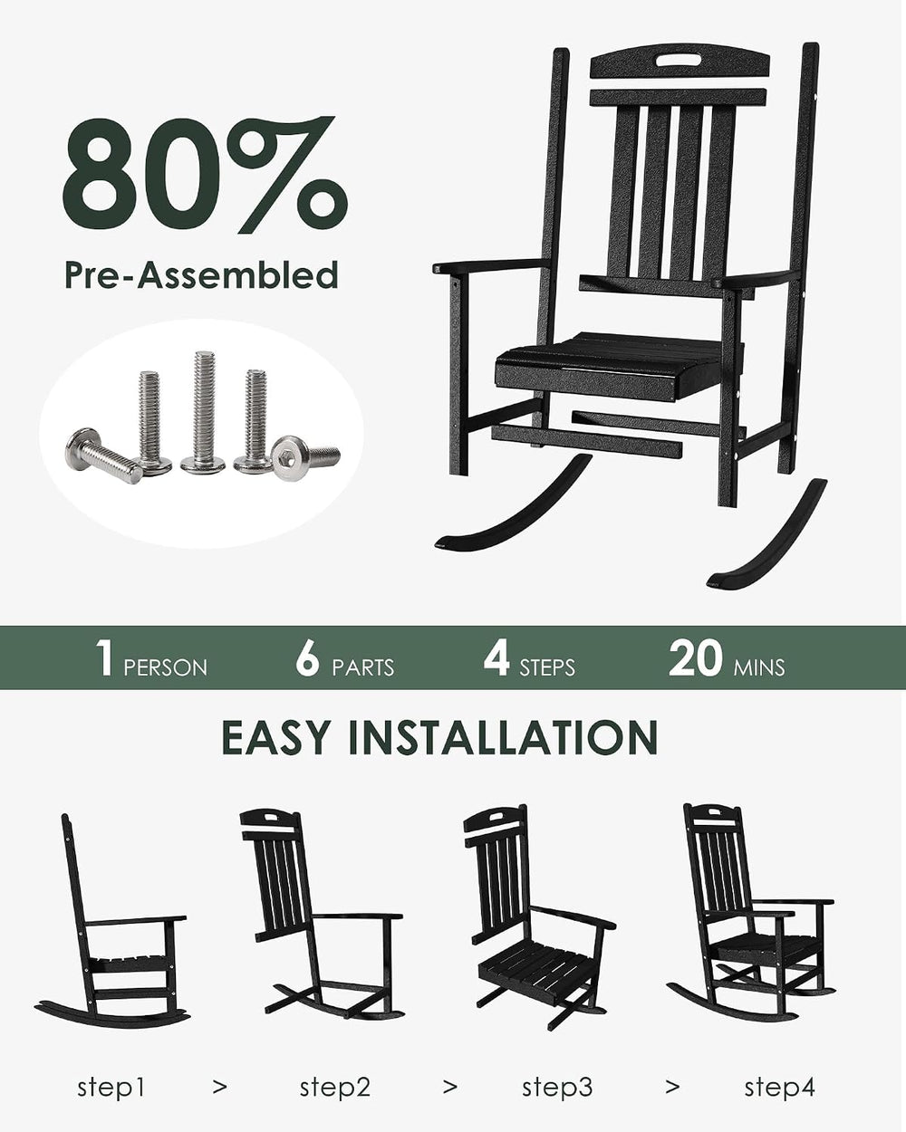 Outdoor Rocking Chair, All-Weather Resistant Poly Lumber Rocker Chair Outdoor...