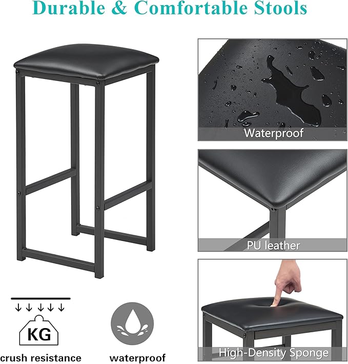 VECELO Small Bar Table and Chairs Set for 2, Upholstered Stools & Glass Storage Shelves, for Kitchen Dining Breakfast Nook, Space-Saving, Faux Marbled & Black