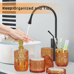 Orange Bathroom Accessories Set, 5 Pcs Clear Glass Bathroom Accessories with Lotion Soap Dispenser, Soap Dish, Toothbrush Holder, Tumbler, Cotton Swab Jars