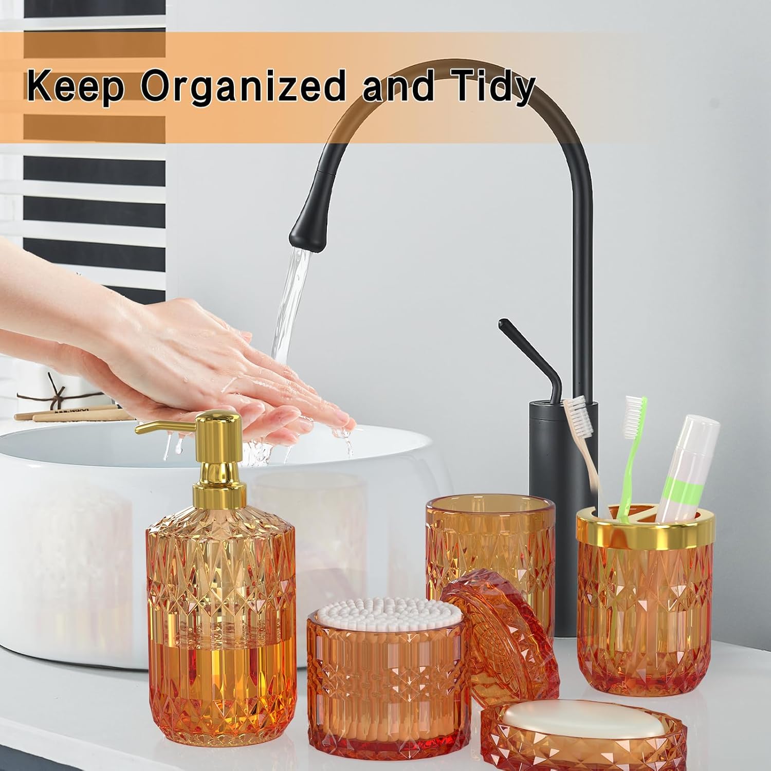 Orange Bathroom Accessories Set, 5 Pcs Clear Glass Bathroom Accessories with Lotion Soap Dispenser, Soap Dish, Toothbrush Holder, Tumbler, Cotton Swab Jars