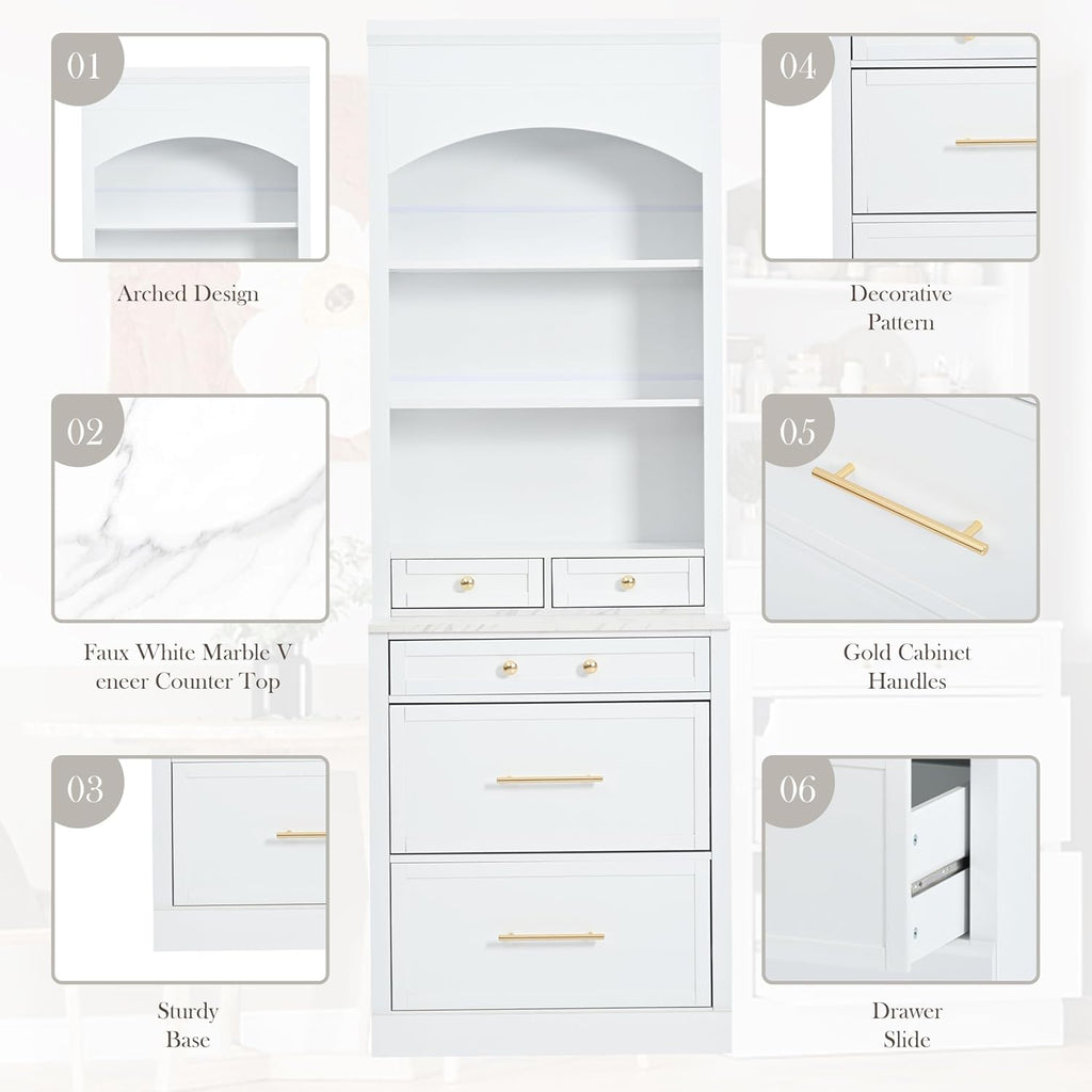 83.7inch High Modern Kitchen Pantry, Freestanding Tall Kitchen Hutch with 5 Storage Drawers and Adjustable Shelf, Display Cupboard Cabinet with Faux Marble Top, White