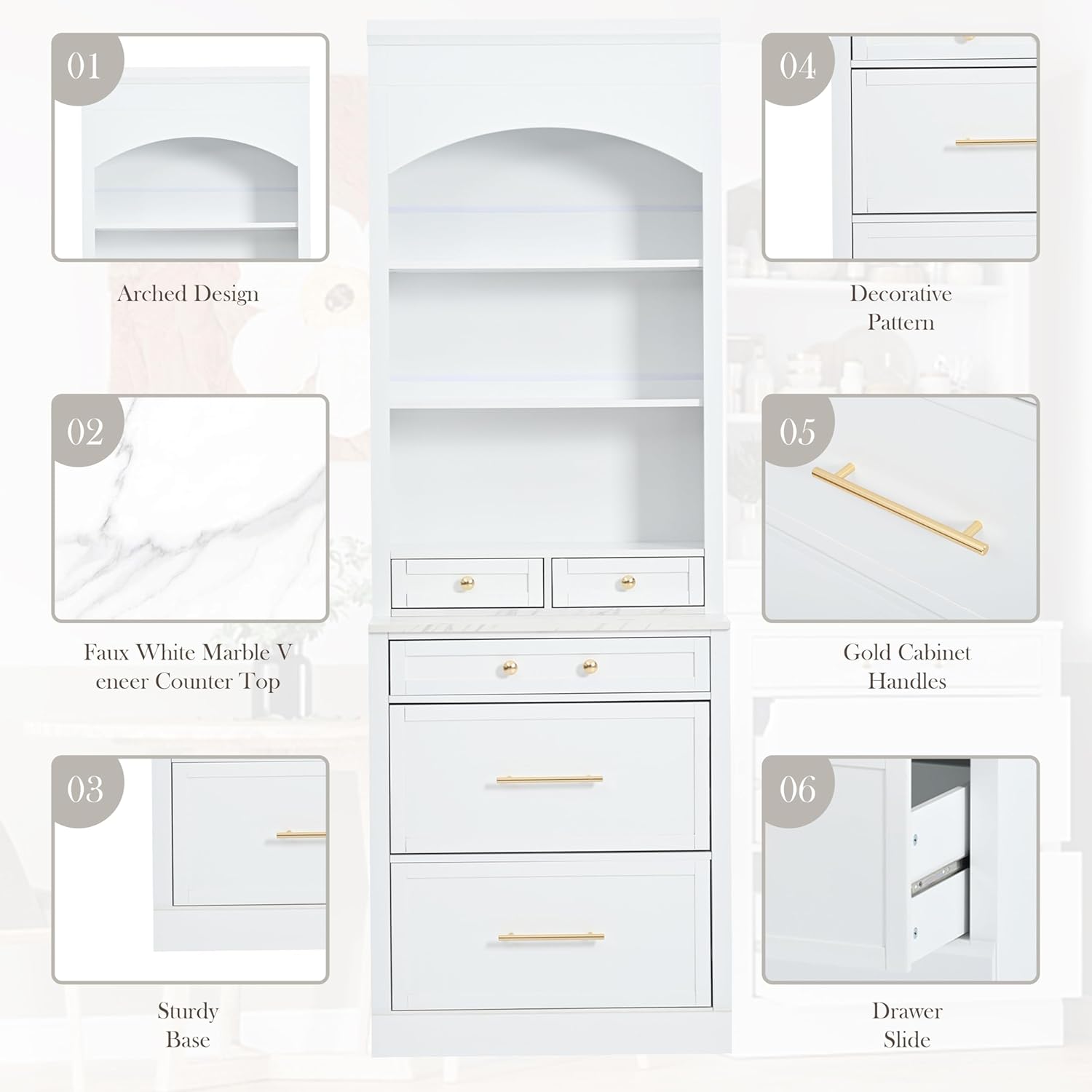83.7" Tall Kitchen Pantry Cabinet with Faux Marble Top - Freestanding Storage Hutch with 5 Drawers & Adjustable Shelf for Kitchen Dining Room Modern Home Organization (White)