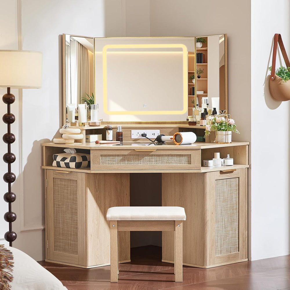 Lerliuo Corner Vanity Desk with 3 Way Mirror and Lights, Stool Sets | 46'...