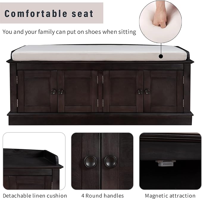 Vintage Hallway Storage Bench with 4 Doors and Adjustable Shelves,Entryway Shoe Rack W/Removable Cushion,for Living Room Bedroom Porch,Espresso,42″