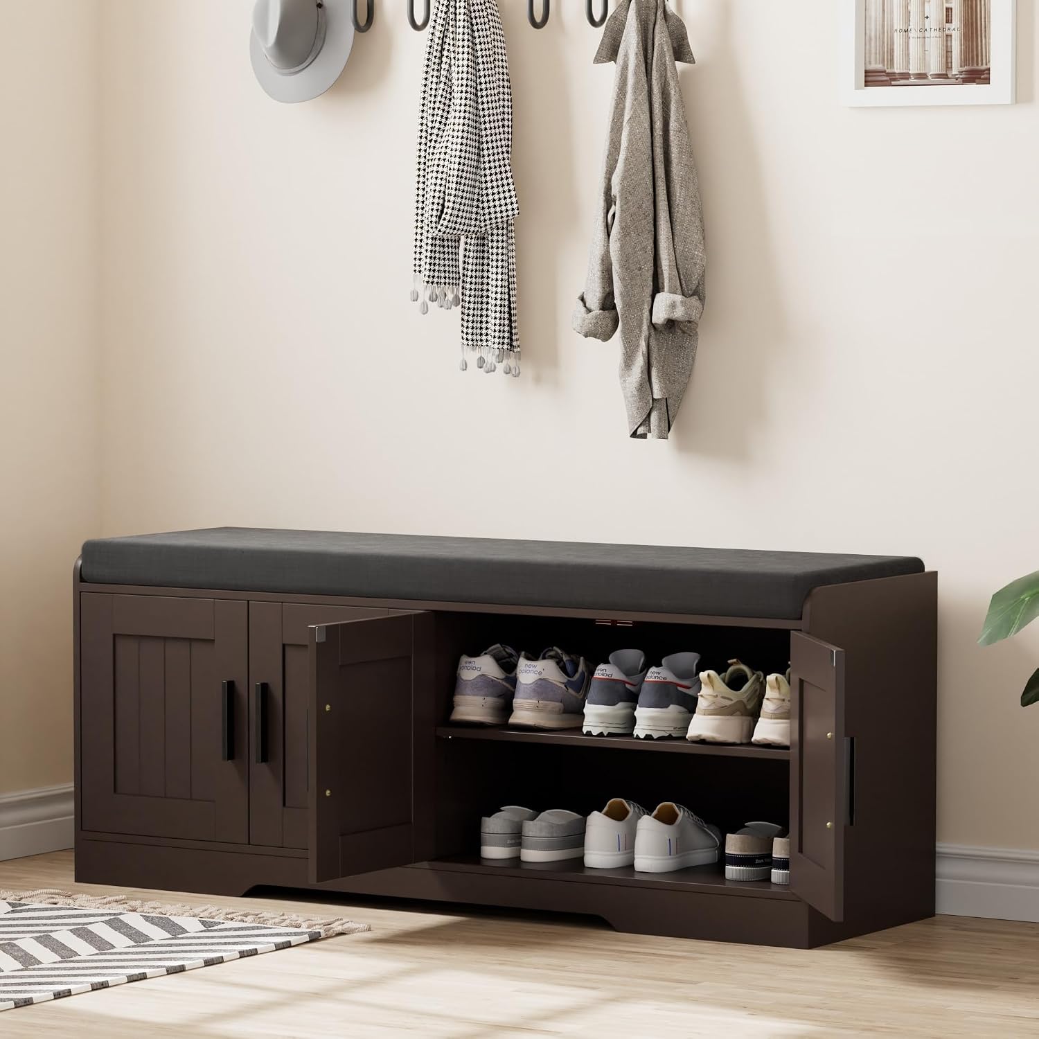 Homleke Shoe Storage Bench, 4 Doors & Thickened Padded Seat Cushion | 2-Tier Shoe Bench, Entryway Bench, Adjustable Shelf, 13.8" D x 45.3" W x 18.5" H, for Living Room, Bedroom, Brown
