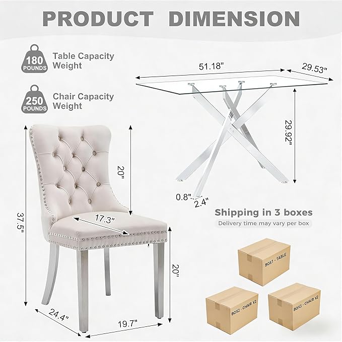 51 Inch Glass Dining Table Set for 4, Rectangular Glass Kitchen Table with 4 Upholstered Velvet Accent Chairs, 5 Piece Modern Dining Room Set, for Home, Apartment, Small Spaces - Beige Silver