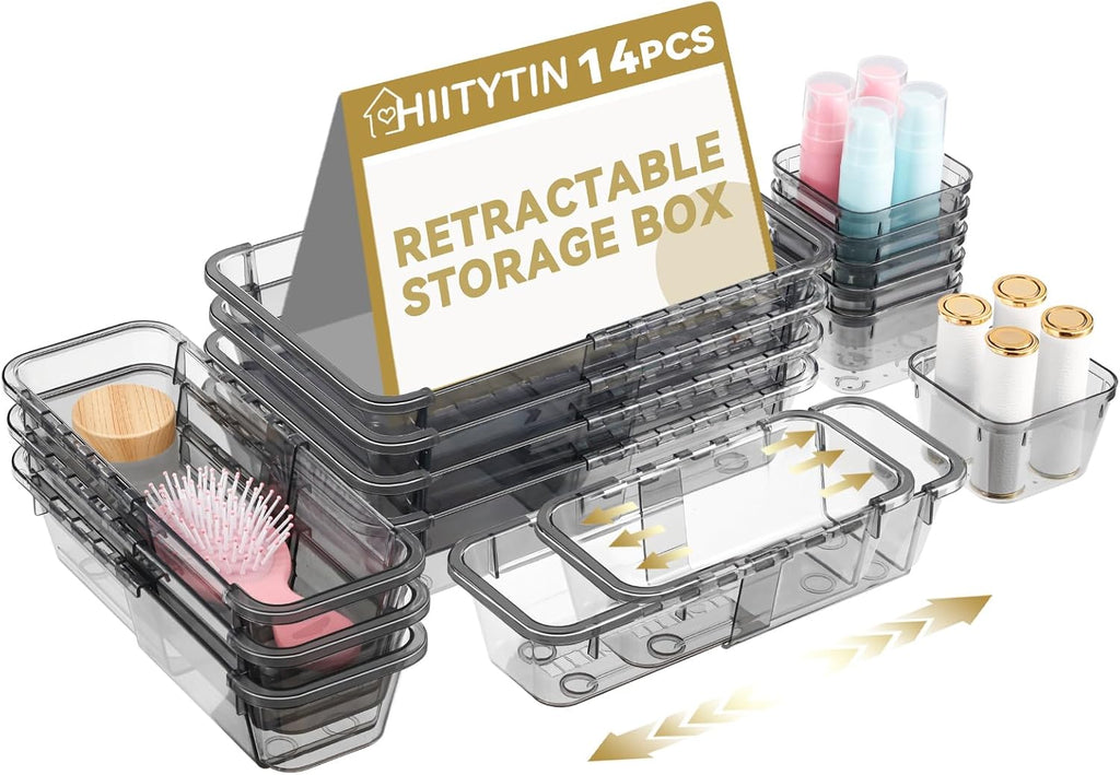 14 Pcs Adjustable Clear Drawer Organizer, Extendable Vanity Storage Bins, Desk Drawer Organizer Set for Makeup, Cosmetics, Bedroom, and Gadgets, Black