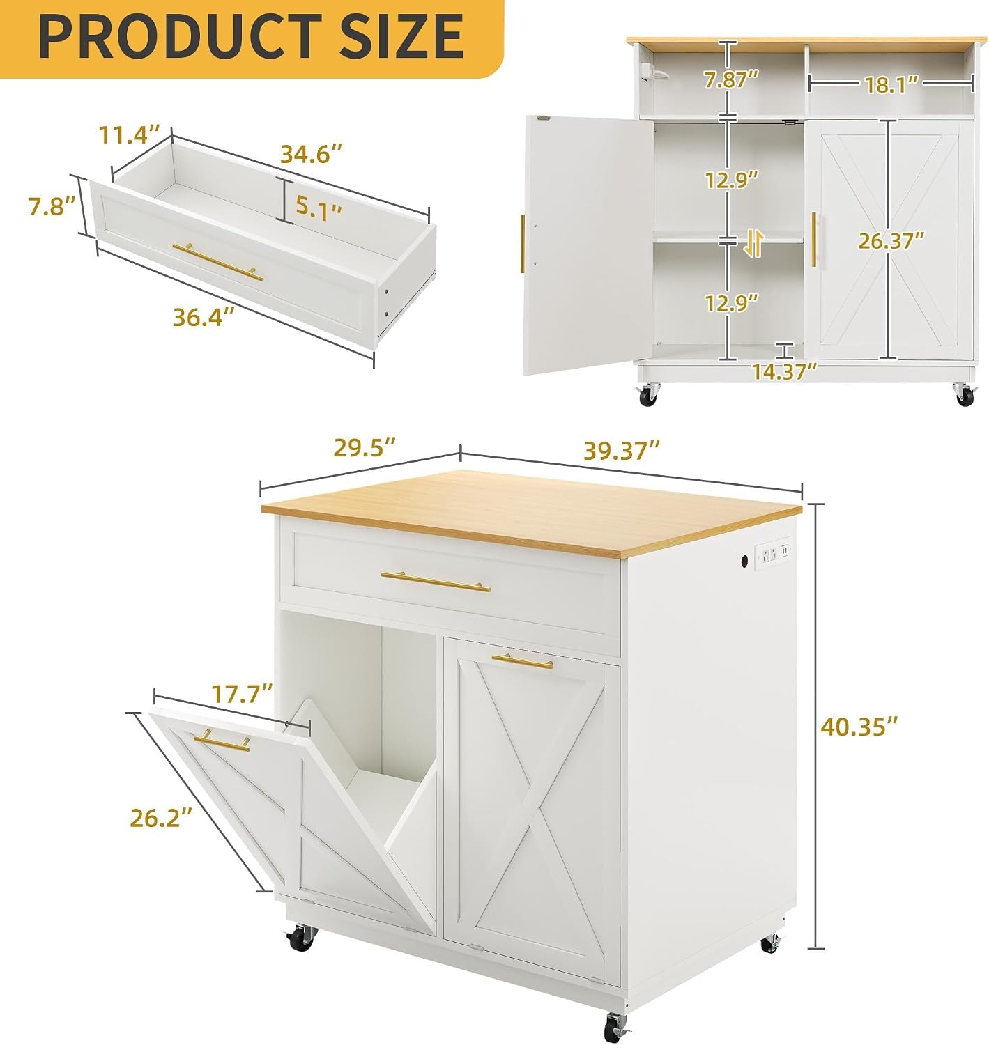 DWVO Rolling Kitchen Island with Double Tilt Out 10 Gallon Trash Can Cabinet Power Outlet