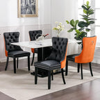 Modern Dining Chairs Set of 6, Tufted Upholstered Dining Chair with Solid Wood Legs, Velvet and Leather Dining Chairs, Sillas de Comedor, Comfy Kitchen Chair (Black+Orange, 6Pcs)