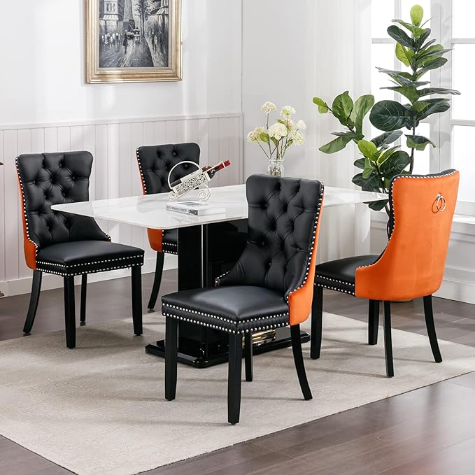 Modern Dining Chairs Set of 6, Tufted Upholstered Dining Chair with Solid Wood Legs, Velvet and Leather Dining Chairs, Sillas de Comedor, Comfy Kitchen Chair (Black+Orange, 6Pcs)