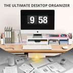 OPNICE Wood Desk Organizers and Accessories, Dual Monitor Stand Riser with Drawer and 2 Pen Holders, Desk Shelf Computer Racks for Office Workspace Organizers, Desktop Organization (Pink＆ White)