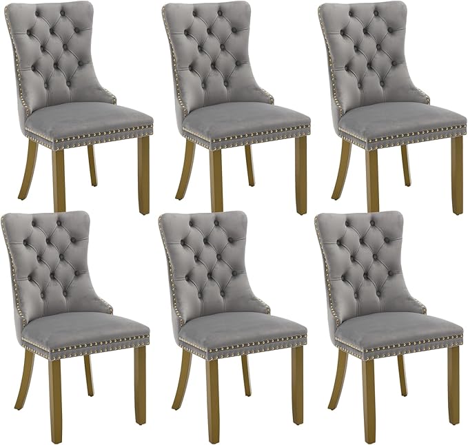 Velvet Dining Chairs Set of 6, Kitchen & Dining Room Chairs, Upholstered Dining Chairs with Back Ring Pull and Golden Solid Wood Legs, Modern Tufted Kitchen Chairs for Dining Room, Light Grey