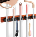 Brown Broom Holder Wall Mount - Heavy Duty Wood Mop and Broom Organizer with 5 Slots & 4 Hooks - Tool Hanger for Laundry Room Closet Kitchen Garage Storage and Organization - for Rusic farmhouse Decor