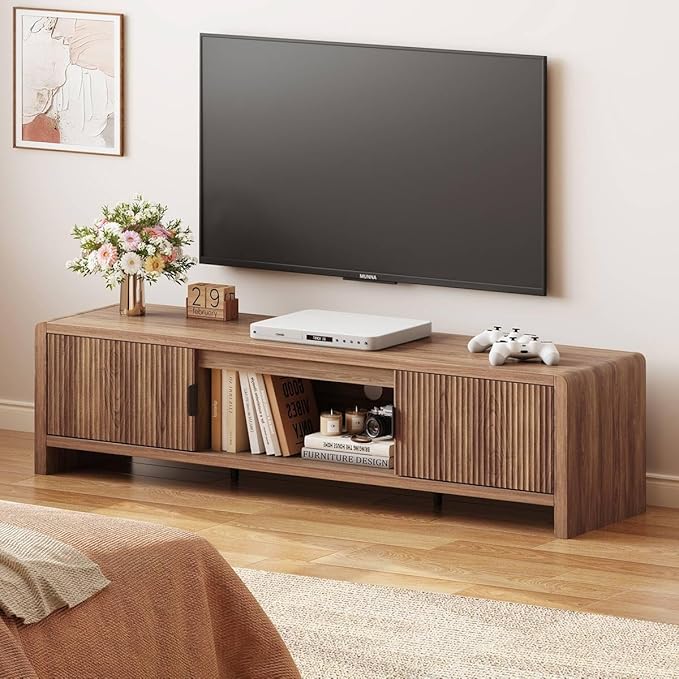 FATORRI TV Stand for 75/65/55 Inch TVs, Farmhouse Entertainment Center with Storage, Wood Waveform Fluted-Door Television Media Console for Living Room,Bedroom (63" W, Walnut)