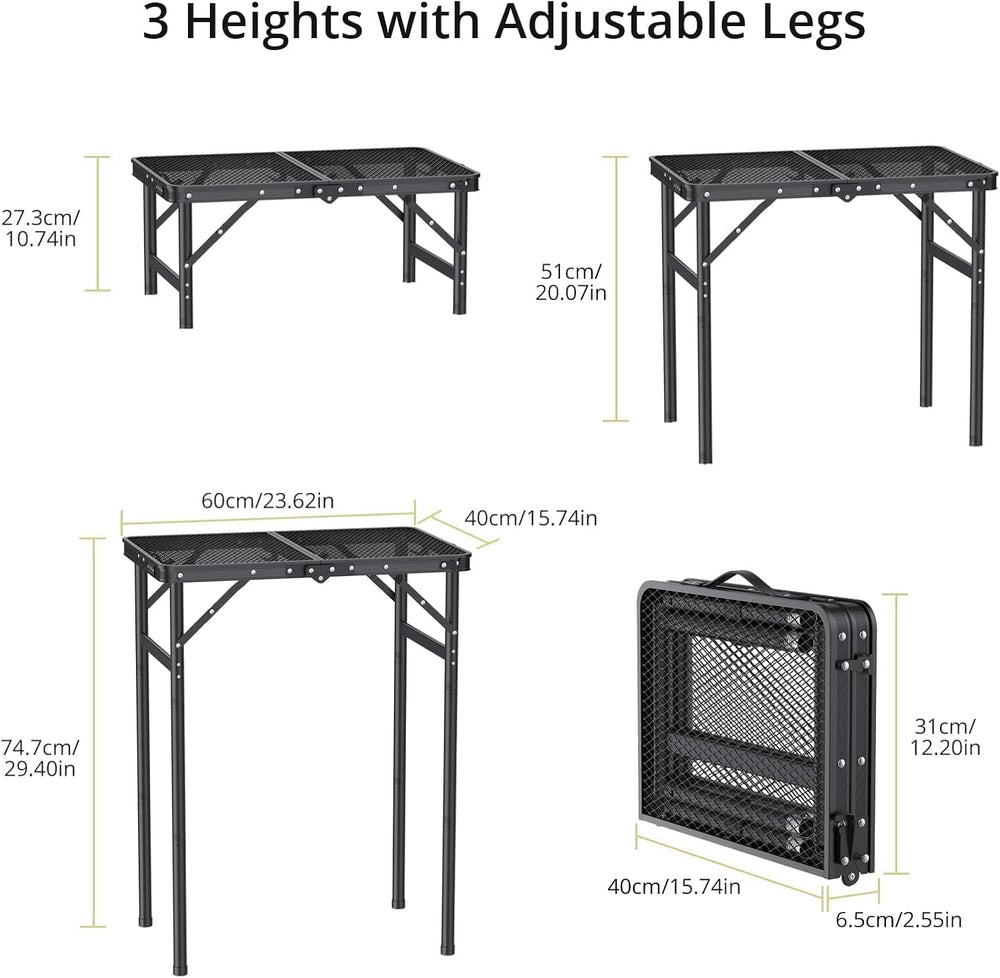 Anbte 2ft Folding Camping Grill Table Max 29.5", 3 Adjustable Height, Bl...