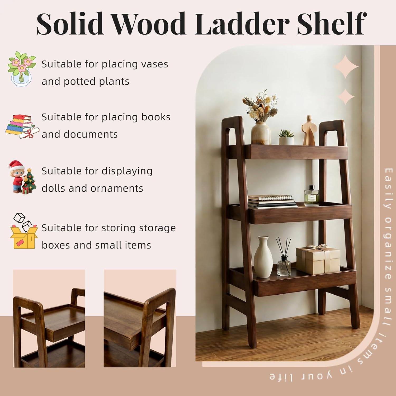 100% Solid Wood Ladder Shelf, 3 Tier Small Ladder Bookshelf, Freestanding Display Ladder Shelves with Open Storage for Living Room, Bedroom, Home Office, Saving Space, Walnut