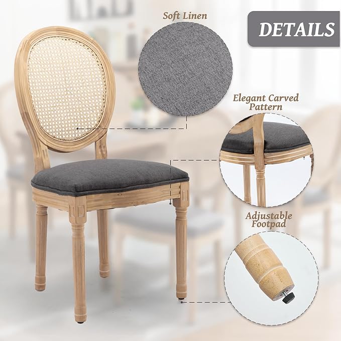 French Country Dining Chairs Set of 4,Farmhouse Upholstered Dining Room Chairs with Round Back and Solid Leg,Rattan Kitchen Chairs for Kitchen/Bedroom/Dining Room,Gray