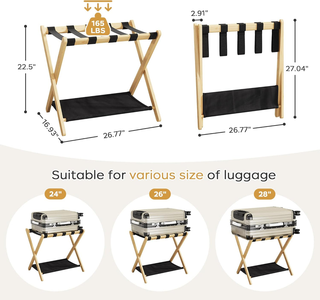 26.77" Full Assembled Luggage Rack for Guest Room, Set of 2 Bamboo Foldable Suitcase Stand, Bedroom & Hotel, Folding Luggage Holder with 5 Nylon Straps, 600D Oxford Fabric Shelf Natural Wood