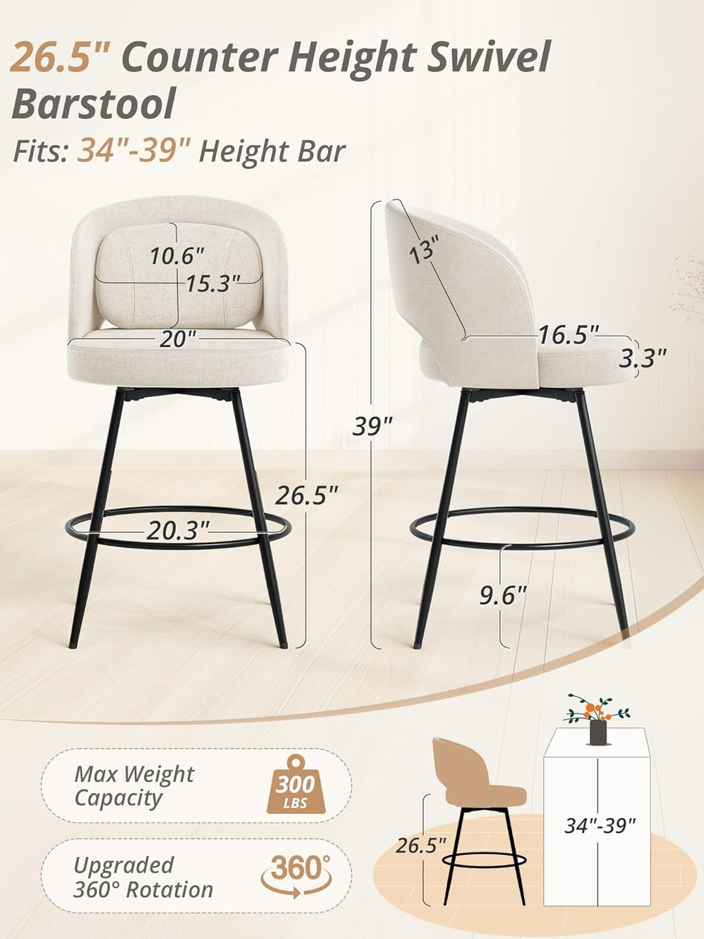 LUE BONA 26''H Swivel Bar Stools Set of 3, Counter Height Bar Stools with Backs, Lumbar Pillow and Black Metal Frames, Upholstered Modern Barstools for Kitchen Island, Linen Farbic, Linen Color