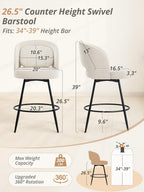 LUE BONA 26''H Swivel Bar Stools Set of 3, Counter Height Bar Stools with Backs, Lumbar Pillow and Black Metal Frames, Upholstered Modern Barstools for Kitchen Island, Linen Farbic, Linen Color