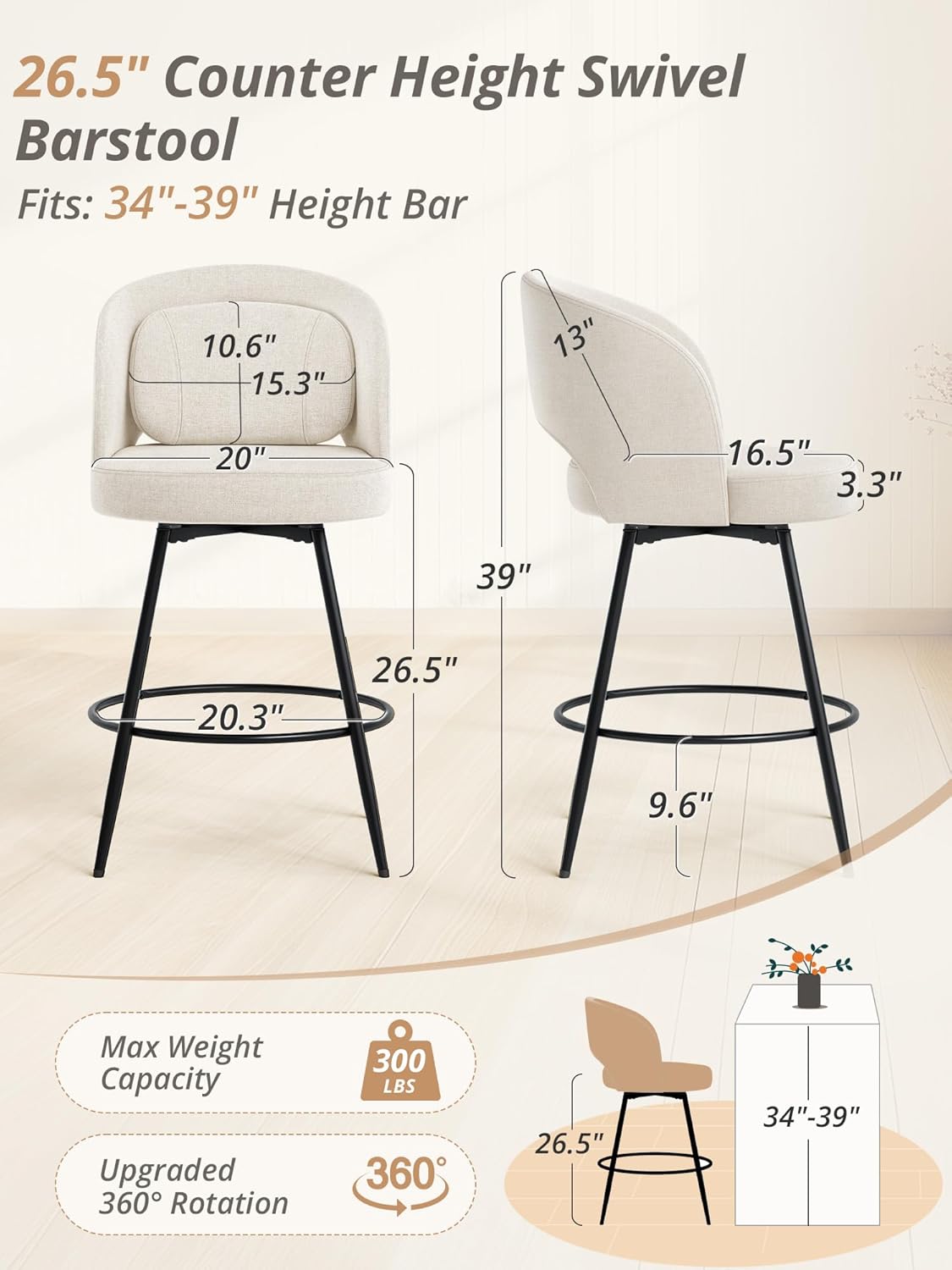 LUE BONA 26''H Swivel Bar Stools Set of 3, Counter Height Bar Stools with Backs, Lumbar Pillow and Black Metal Frames, Upholstered Modern Barstools for Kitchen Island, Linen Farbic, Linen Color
