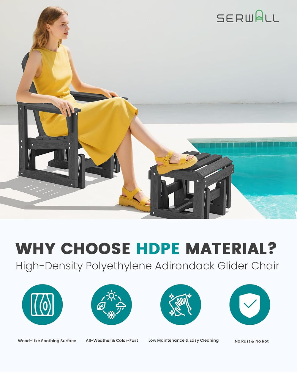 SERWALL HDPE Outdoor Glider with Ottoman Set of 4, All-Weather Patio Glider